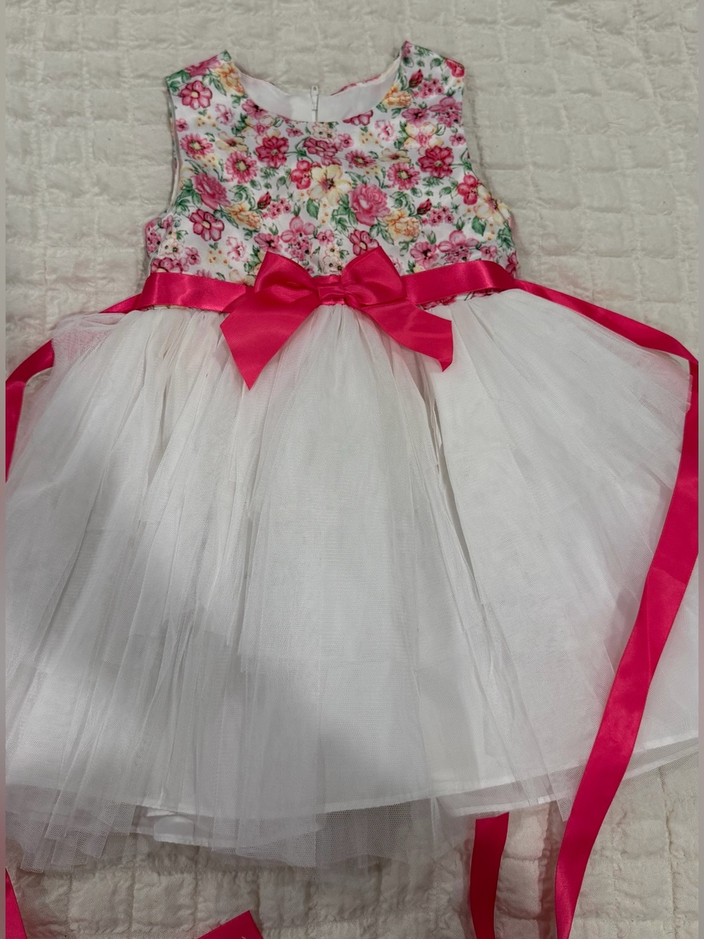 White Tulle Floral Bodice Kids Party Dress with Hot Pink Sash